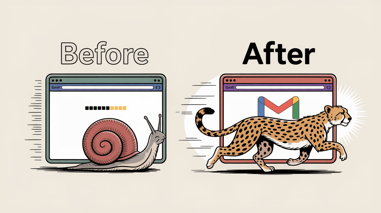 Gmail performance comparison showing dramatic speed improvement from slow snail to fast cheetah after optimization